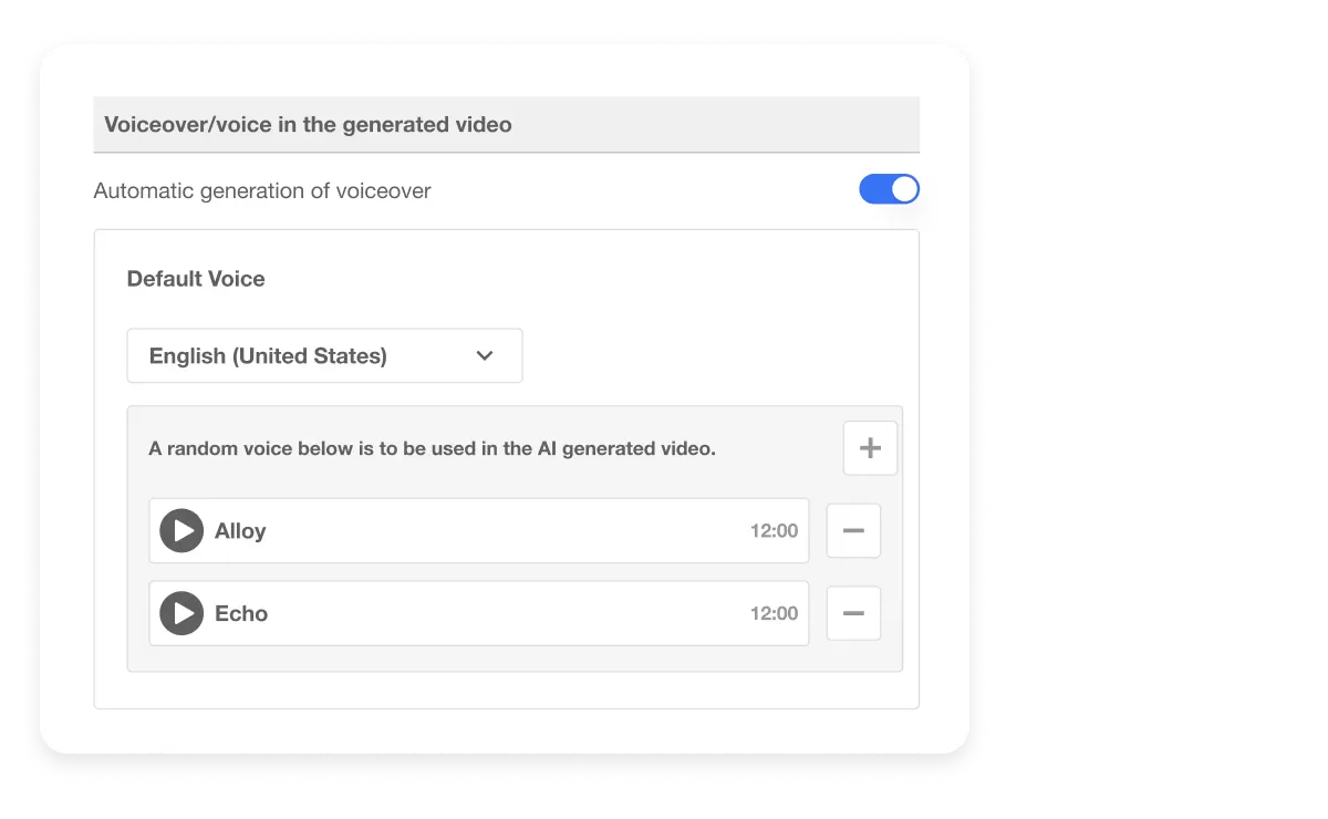Visla's AI voice over settings for Consistent Audio Branding, showing options to select default voices like Alloy and Echo to ensure uniform brand voice across videos